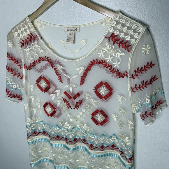 Sundance Sheer Embroidered Short Sleeve Boho Top Women's Medium Aztec Red Blue - Picture 2 of 10